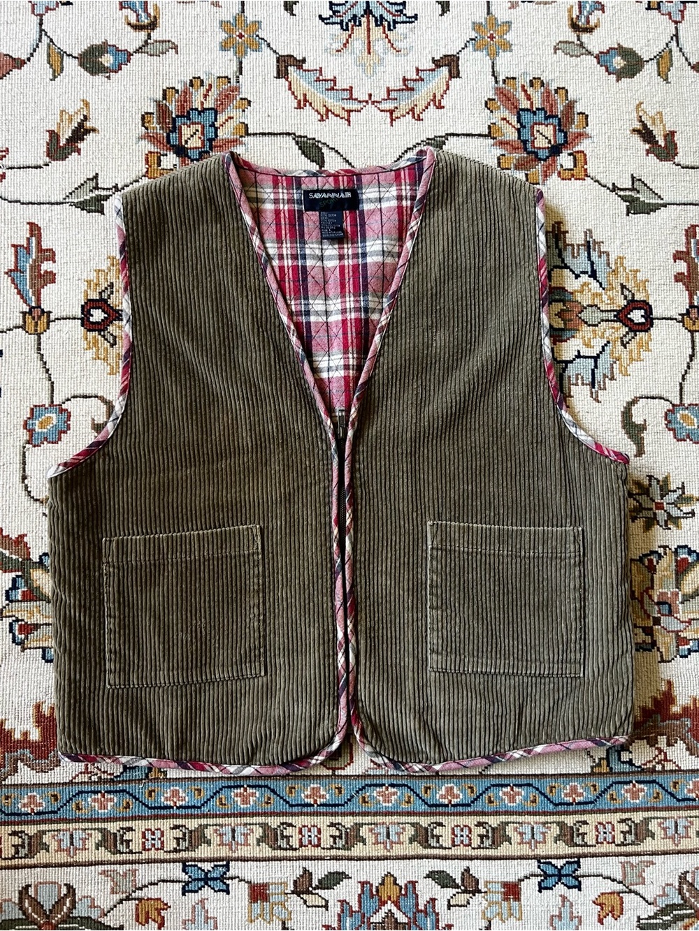 Vintage Olive Corduroy Vest with Plaid Lining - women’s L
